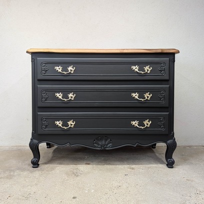 Vente avec paiement en ligne: Commode vintage noire 3 tiroirs poignées laiton