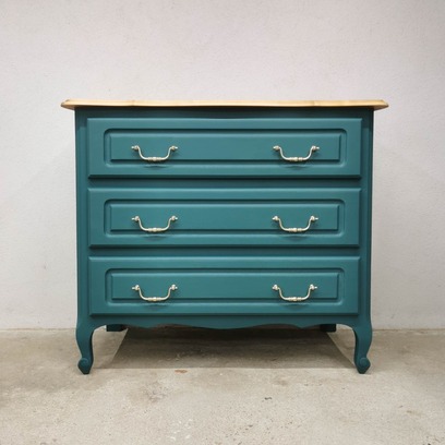 Vente avec paiement en ligne: Commode merisier vintage Deep Teal 3 tiroirs