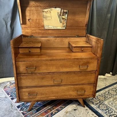 Vente avec paiement en ligne: Commode Coiffeuse Chêne Pieds Compas Années 50