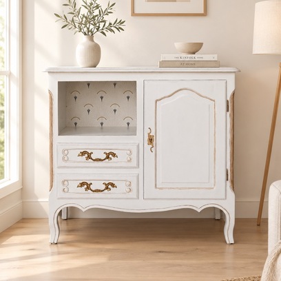 Vente avec paiement en ligne: Buffet bas blanc perle 2 tiroirs serrure