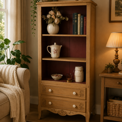 Vente avec paiement en ligne: Vitrine Bibliothèque Rénovée Bois Naturel Rouge
