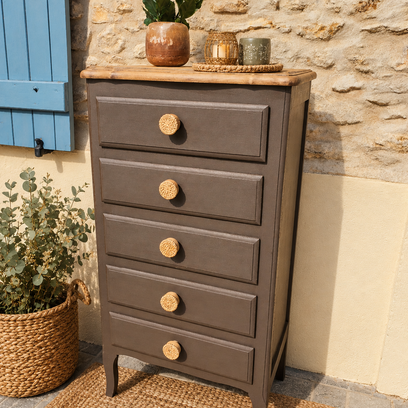 Vente avec paiement en ligne: Chiffonnier brun, plateau bois naturel