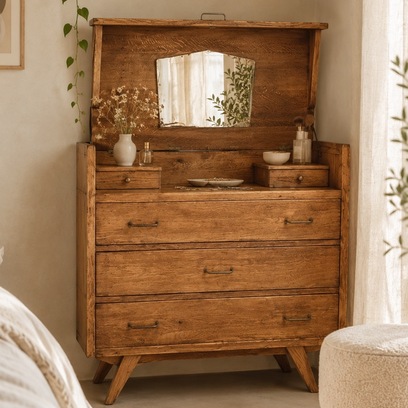 Vente avec paiement en ligne: Commode Coiffeuse Chêne Pieds Compas Années 50