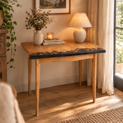 Vente avec paiement en ligne: Table d'appoint bois pieds compas gravée