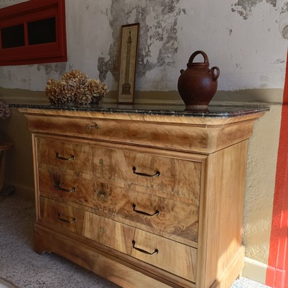 Vente avec paiement en ligne: Commode Louis-Philippe noyer marbre 4 tiroirs rénovée