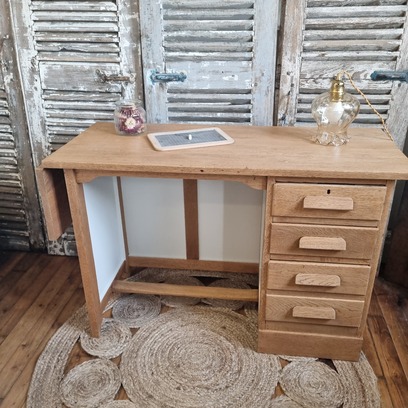 Vente avec paiement en ligne: Petit bureau vintage bois, rallonge, 3 tiroirs