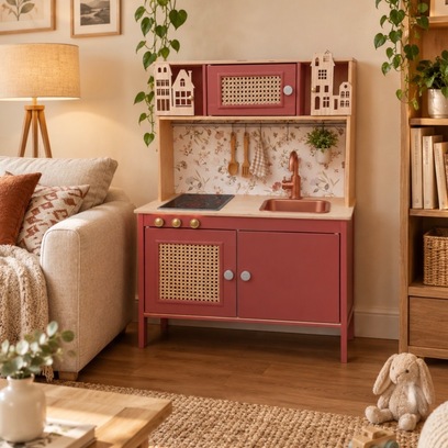 Vente avec paiement en ligne: Cuisine enfant en bois relookée cannage cuivre