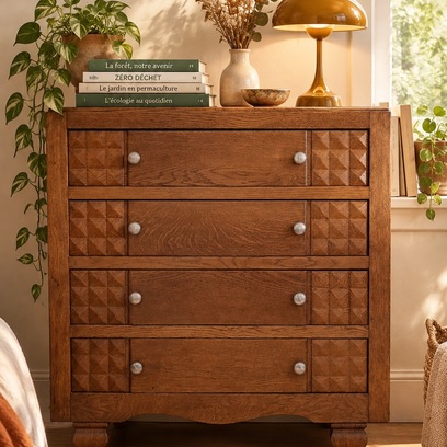 Vente avec paiement en ligne: Commode chêne massif 4 tiroirs pointe diamant