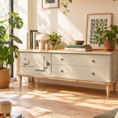 Vente avec paiement en ligne: Buffet Enfilade design Beige Bois Pieds Compas