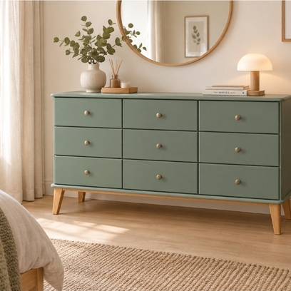 Vente avec paiement en ligne: Commode scandinave rénovée verte pieds compas